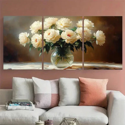 3pcs White Roses Peonies Flowers in a Glass Vase Wall Art Canvas Unframed - High Quality Print 100% Australian Made Wall Canvas