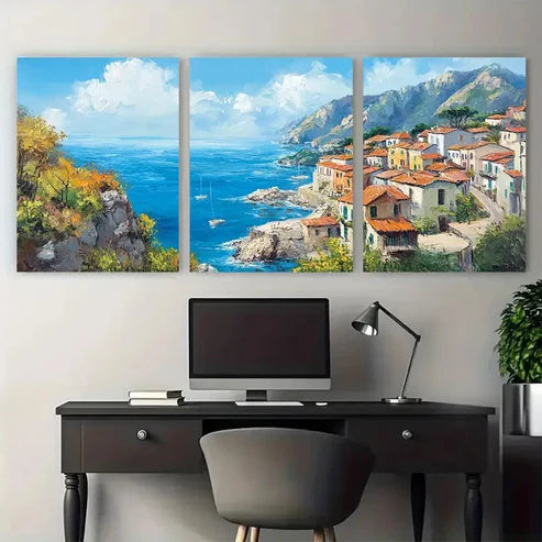 3pcs Coastal Town Mediterranean Seaside Wall Art Set Canvas Unframed - High Quality Print 100% Australian Made Wall Canvas - Bella Home Decor