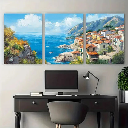 3pcs Coastal Town Mediterranean Seaside Wall Art Set Canvas Unframed - High Quality Print 100% Australian Made Wall Canvas - Bella Home Decor