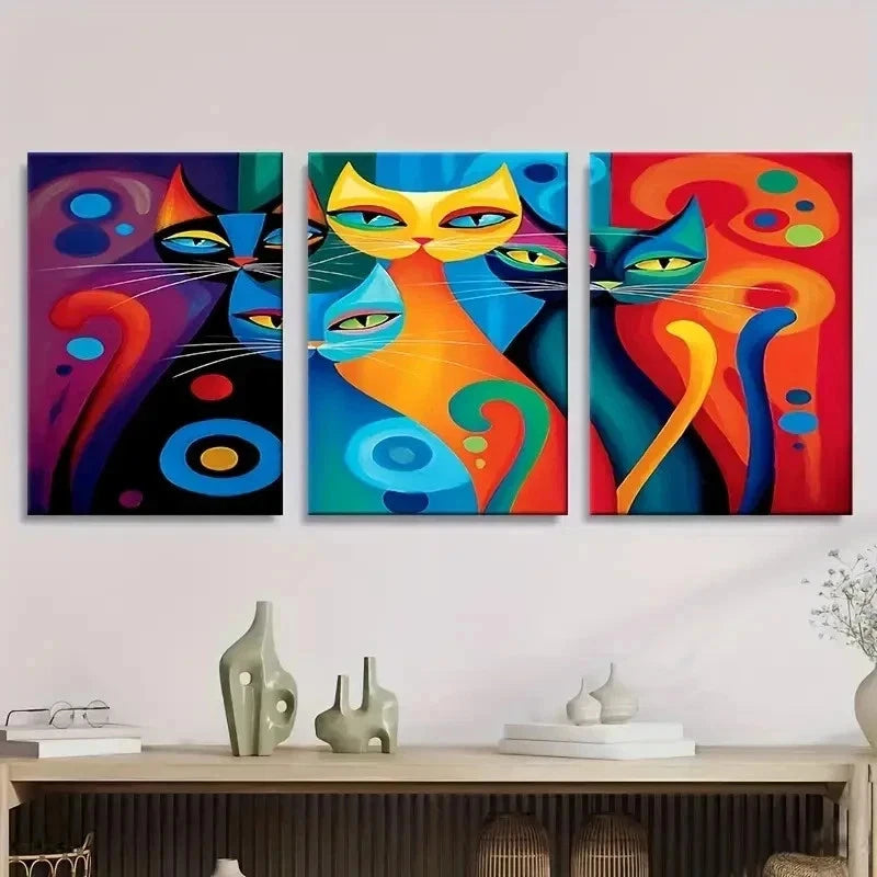 3pcs Colorful Cat Lovers Abstract Design Wall Art Set Canvas Framed 60x90cm - High Quality Print 100% Australian Made Wall Canvas Ready to Hang - Bella Home Decor
