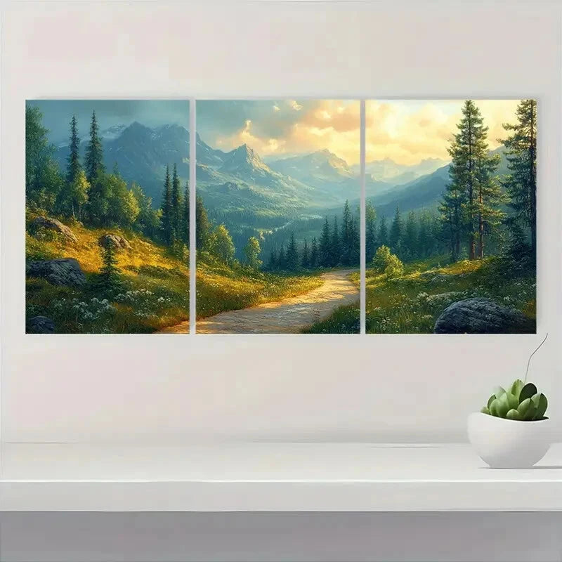 3pcs Forest Landscape with Mountain Path Metal Print Ready to Hang Art - Bella Home Decor