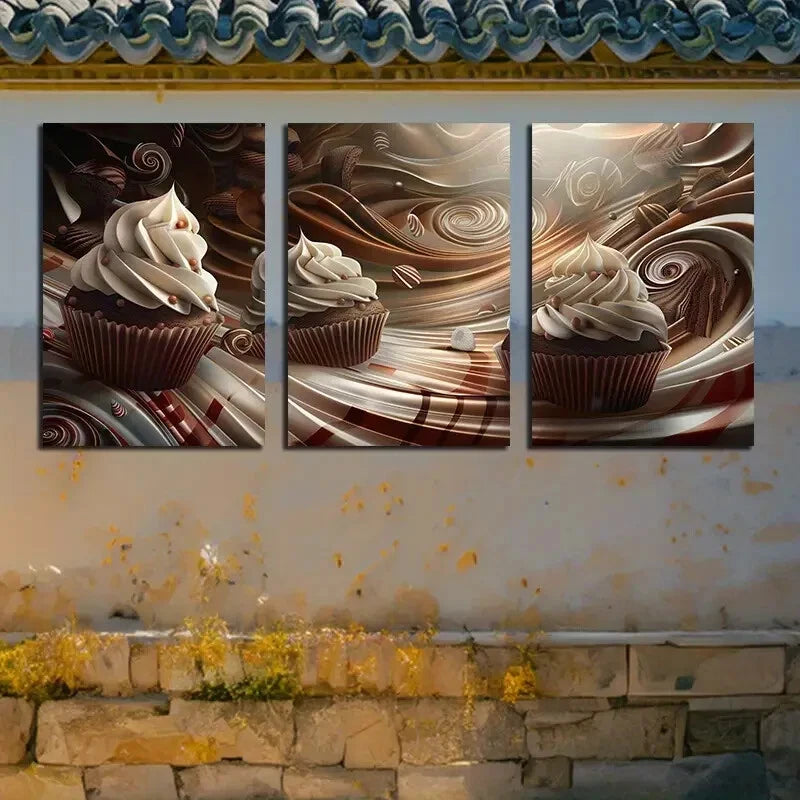 3pcs Vibrant Chocolate Cake Illustration Metal Print Ready to Hang Art - Bella Home Decor