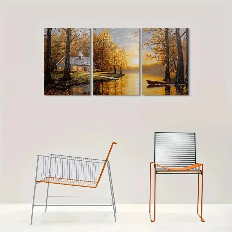 3pcs Autumn Serenity Lake with Boat Metal Print Ready to Hang Art - Bella Home Decor