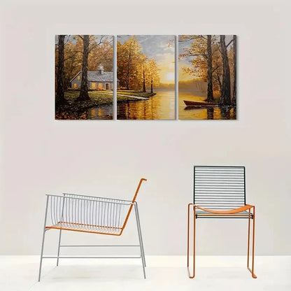 3pcs Autumn Serenity Lake with Boat Metal Print Ready to Hang Art - Bella Home Decor