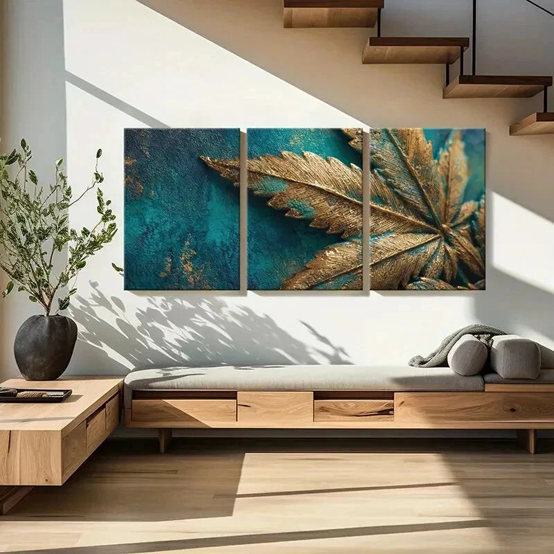 3pcs Golden Leaf Art Abstract Design Teal Metal Print Ready to Hang Art