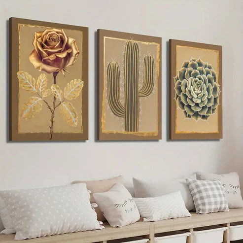 3pcs Golden Roses Cactus And Succulents Wall Art Set Canvas Unframed - High Quality Print 100% Australian Made Wall Canvas - Bella Home Decor
