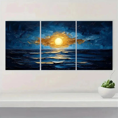 3pcs Abstract Blue & Golden Textured Artwork Metal Print Ready to Hang Art - Bella Home Decor