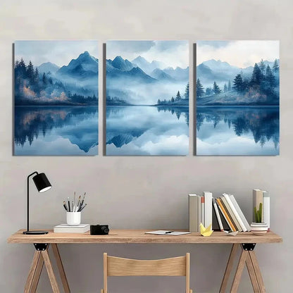 3pcs Serene Landscape Blue & Golden Hues Metal Print Ready to Hang Art - Bella Home Decor