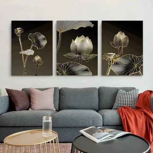 3pcs Abstract Wall Art Lotus Flower Art Canvas Unframed - High Quality Print 100% Australian Made Wall Canvas - Bella Home Decor