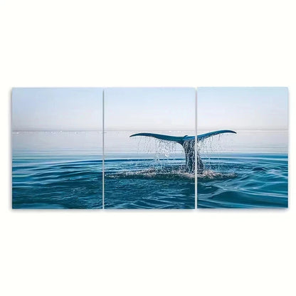 3pcs Ocean Sunset Scene with Whale Fin and Wave Wall Art Set Canvas Framed 60x90cm - High Quality Print 100% Australian Made Wall Canvas Ready to Hang