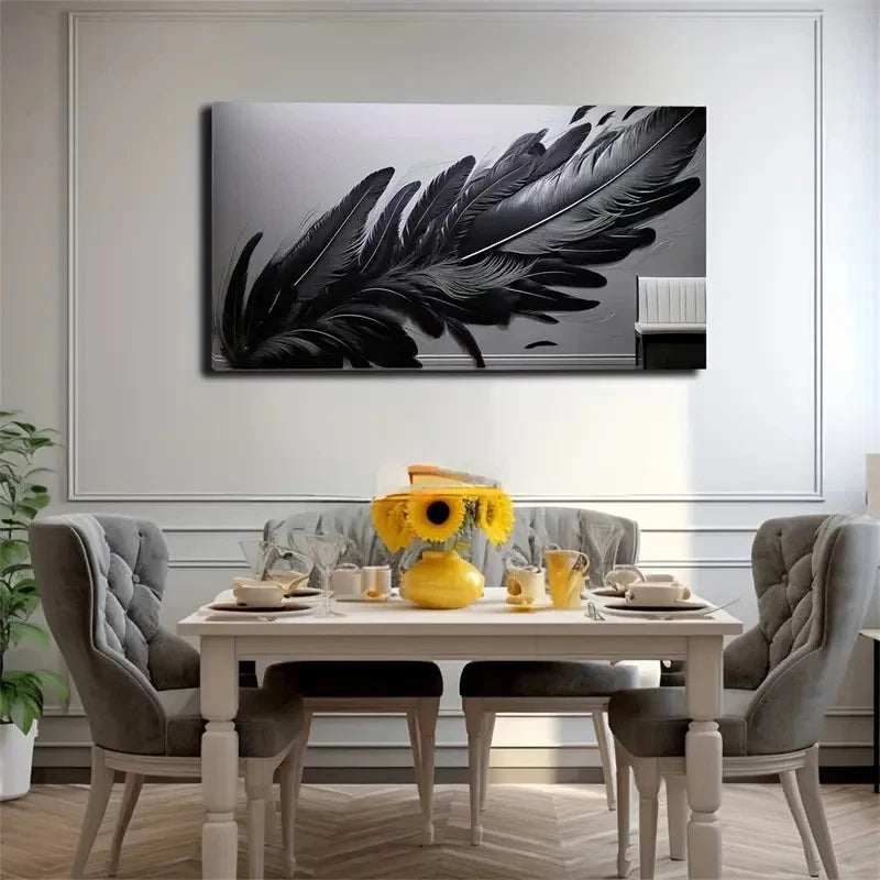 Elegant Black Feather Wall Art Canvas Office Home Room Framed 120x60cm
