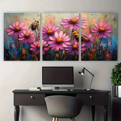3pcs Pink Daisy Coneflower with Bee Impasto Design Metal Print Ready to Hang Art - Bella Home Decor