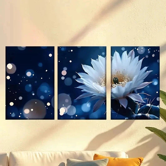 3pcs a white flower with a blue background Wall Art Set Canvas Framed 60x90cm - High Quality Print 100% Australian Made Wall Canvas Ready to Hang