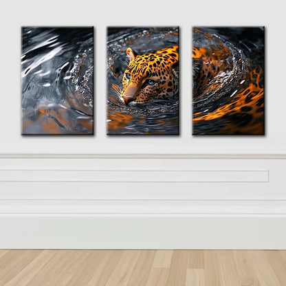3pcs Luxurious swimming leopard Wall Art Set Canvas Framed 50x70cm - High Quality Print 100% Australian Made Wall Canvas Ready to Hang