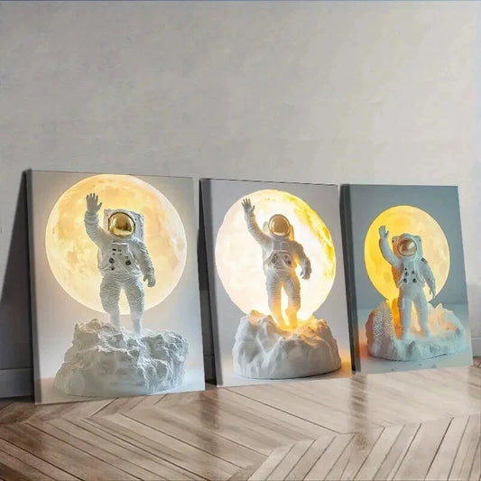 3pcs Cartoon Astronauts on the Moon Wall Art Set Canvas Framed 50x70cm - High Quality Print 100% Australian Made Wall Canvas Ready to Hang