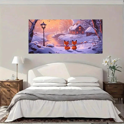 Orange Foxes Snowy Woods Wall Art Canvas Office Home Room Framed 120x60cm