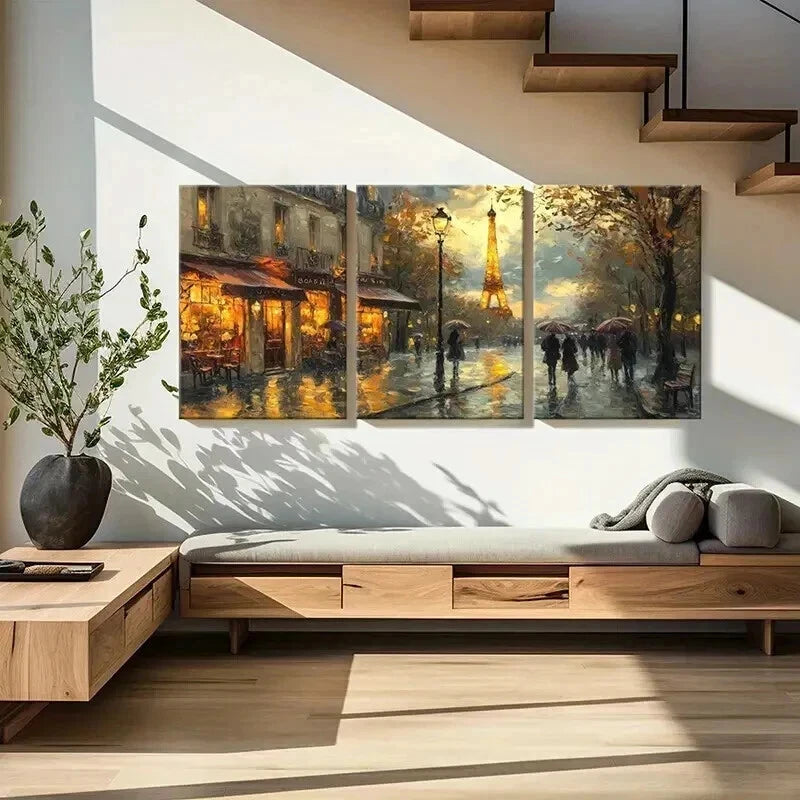 3pcs Parisian Rain Eiffel Tower Cozy Streetscape Wall Art Set Canvas Framed 60x90cm - High Quality Print 100% Australian Made Wall Canvas Ready to Hang - Bella Home Decor