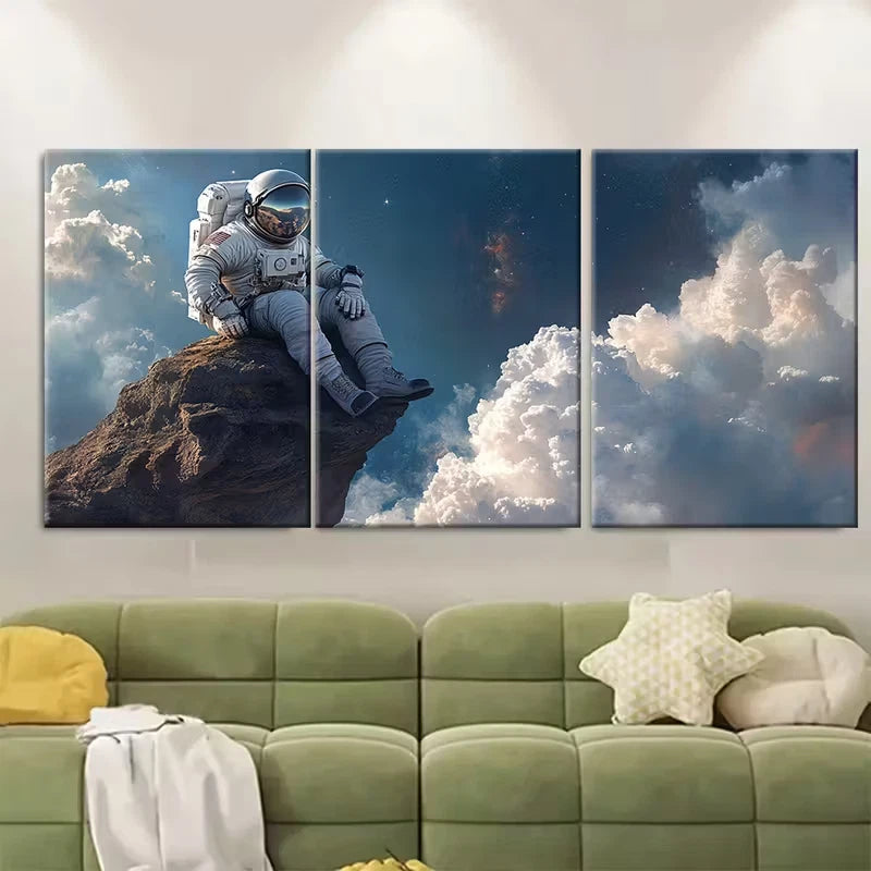 3pcs Contemplative Astronaut on Cliff Metal Print Ready to Hang Art - Bella Home Decor
