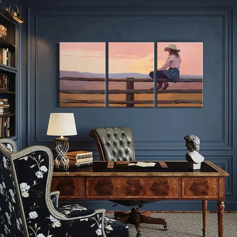3pcs Serene Sunset Landscape with Woman on Fence Metal Print Ready to Hang Art - Bella Home Decor