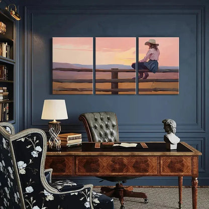 3pcs Serene Sunset Landscape with Woman on Fence Metal Print Ready to Hang Art - Bella Home Decor