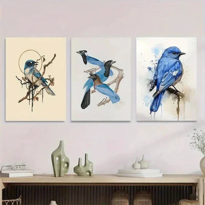 3pcs Blue Bird Watercolor Nature Bird Wall Art Set Canvas Unframed - High Quality Print 100% Australian Made Wall Canvas - Bella Home Decor