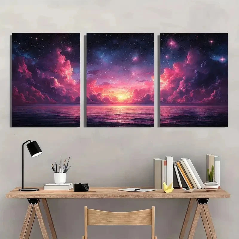 3pcs Starry Sky Cosmic Clouds & Ocean Waves Metal Print Ready to Hang Art - Bella Home Decor