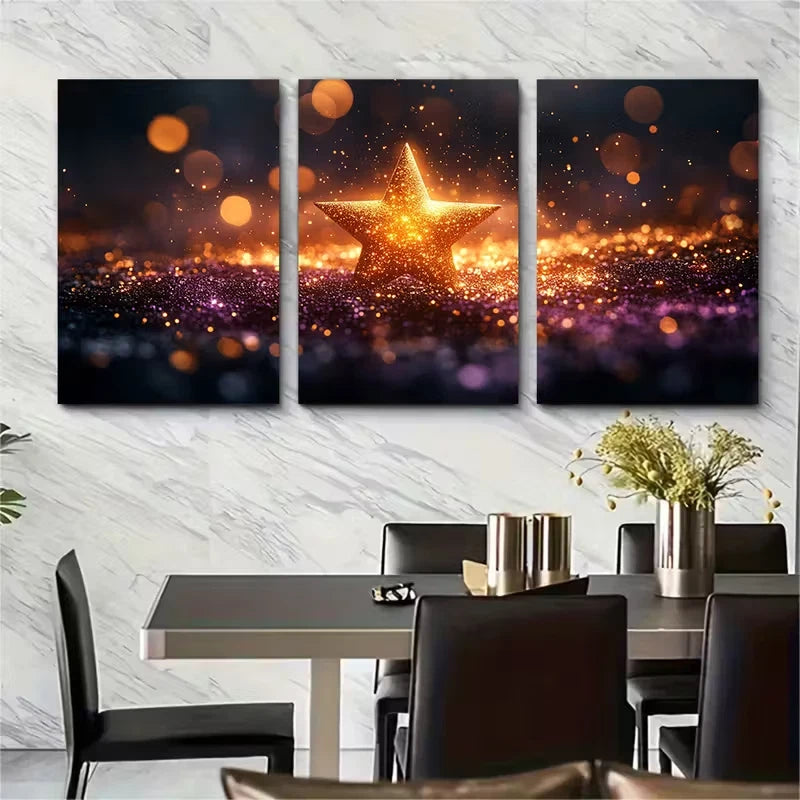 3pcs Shimmering Golden Purple Star Design Metal Print Ready to Hang Art