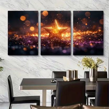 3pcs Shimmering Golden Purple Star Design Metal Print Ready to Hang Art