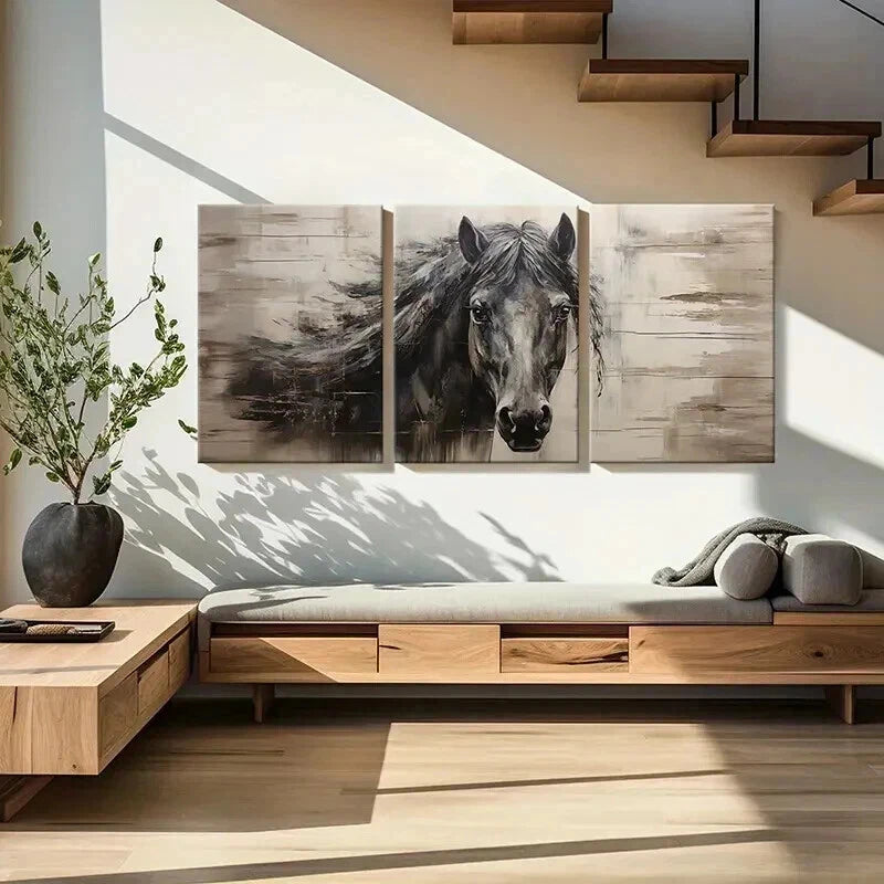 3pcs Vintage Animal Art Dark Horse Farmhouse Wall Art Set Canvas Framed 60x90cm - High Quality Print 100% Australian Made Wall Canvas Ready to Hang - Bella Home Decor