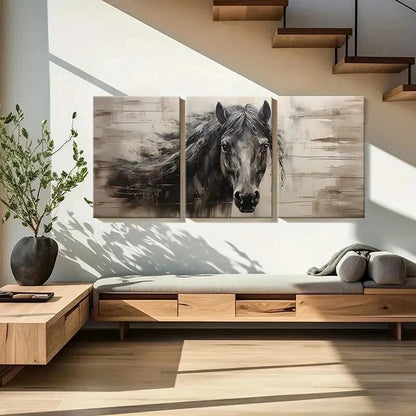 3pcs Vintage Animal Art Dark Horse Farmhouse Wall Art Set Canvas Framed 60x90cm - High Quality Print 100% Australian Made Wall Canvas Ready to Hang - Bella Home Decor