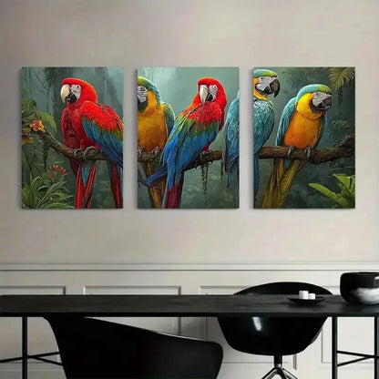 3pcs Colorful Parrots in Jungle Painting Metal Print Ready to Hang Art - Bella Home Decor