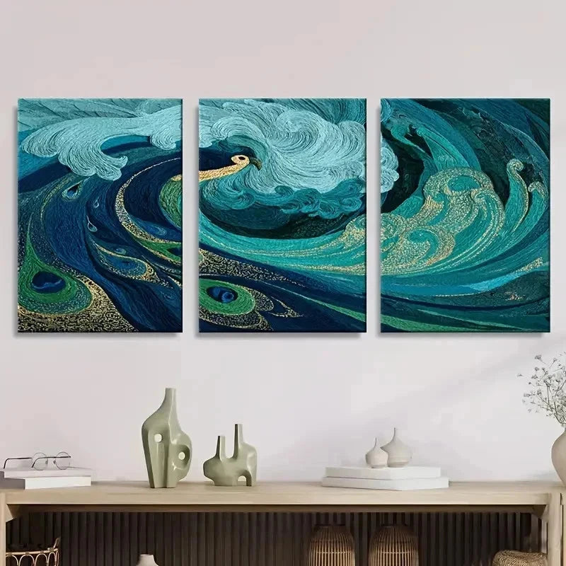 3pcs Crazy Waves Pear Rooster Colored Wall Art Set Canvas Framed 50x70cm - High Quality Print 100% Australian Made Wall Canvas Ready to Hang - Bella Home Decor