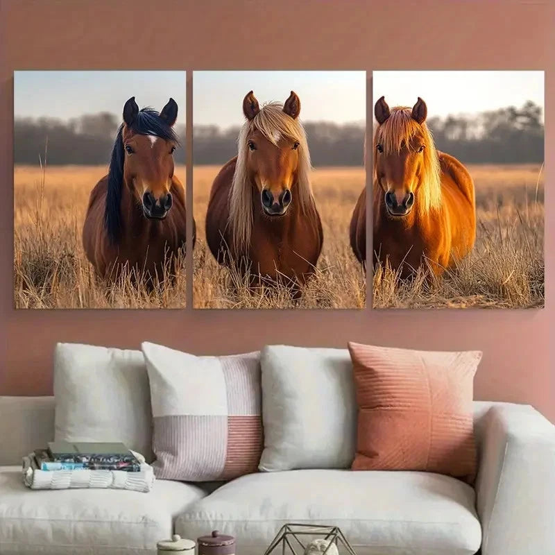 3pcs Vibrant Brown Horses Nature Photography Metal Print Ready to Hang Art