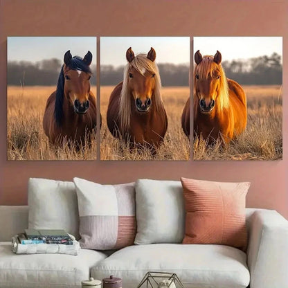 3pcs Vibrant Brown Horses Nature Photography Metal Print Ready to Hang Art
