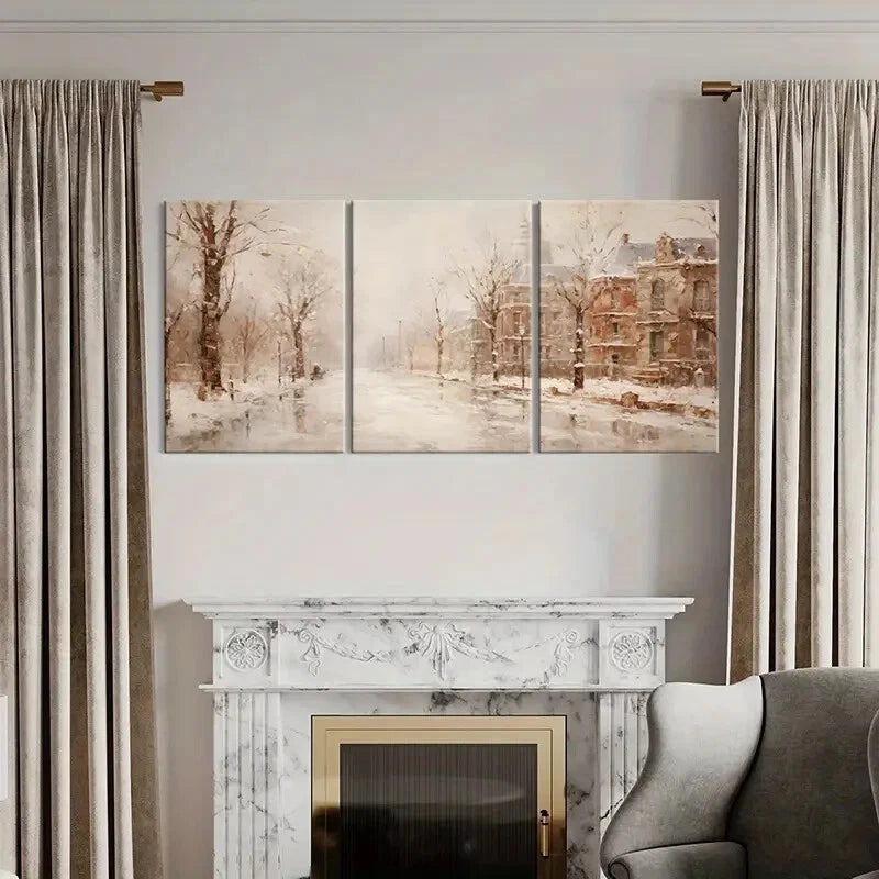 3pcs Snowy Street Winter Landscape Victorian House Metal Print Ready to Hang Art - Bella Home Decor