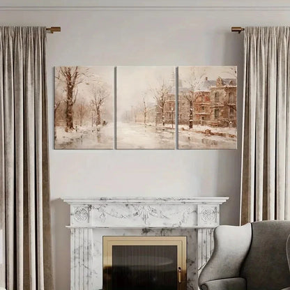 3pcs Snowy Street Winter Landscape Victorian House Metal Print Ready to Hang Art - Bella Home Decor