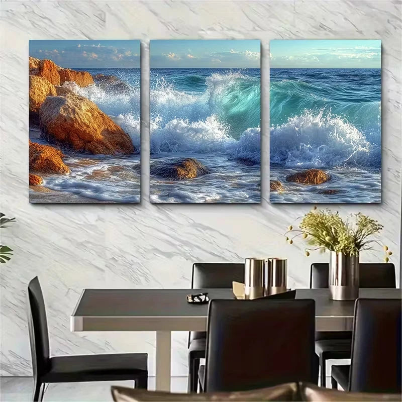 3pcs Foamy Waves Crashing on Rocks Metal Print Ready to Hang Art - Bella Home Decor