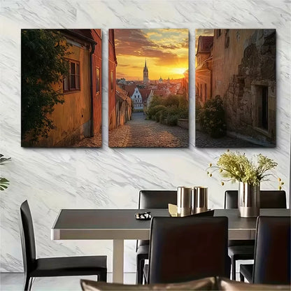 3pcs Old Town Sunset Metal Print Ready to Hang Art
