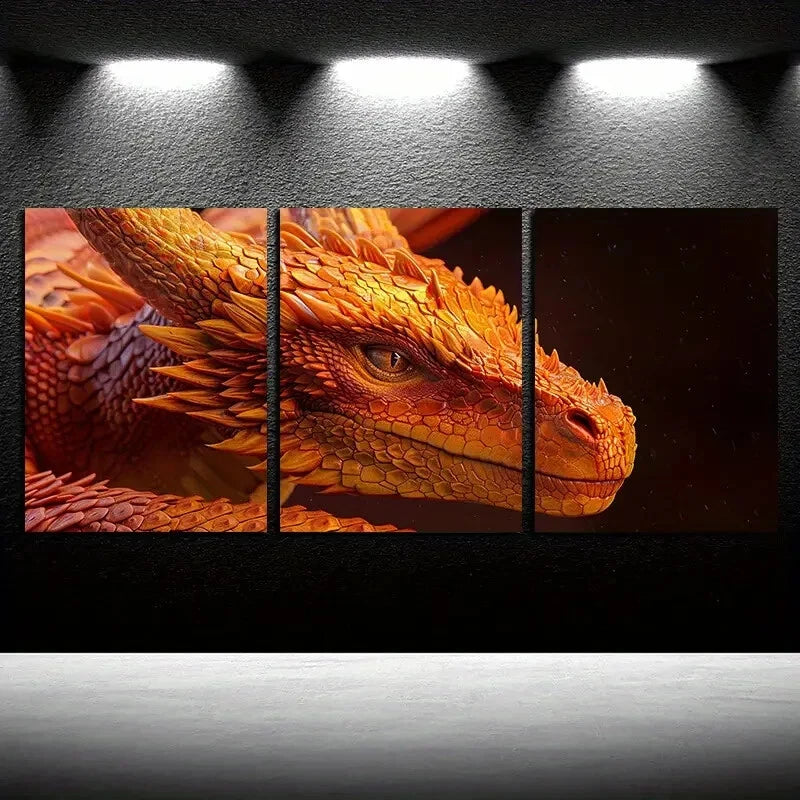3pcs Vibrant Flame Dragon portrait Metal Print Ready to Hang Art - Bella Home Decor