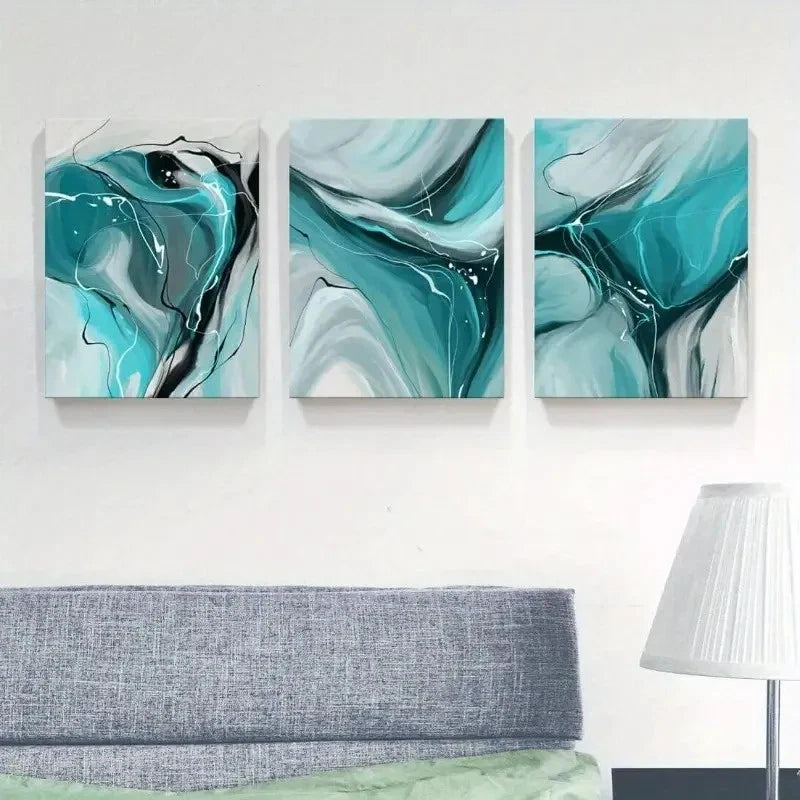 3pcs Modern Abstract Teal & Gray Fluid Art Metal Print Ready to Hang Art