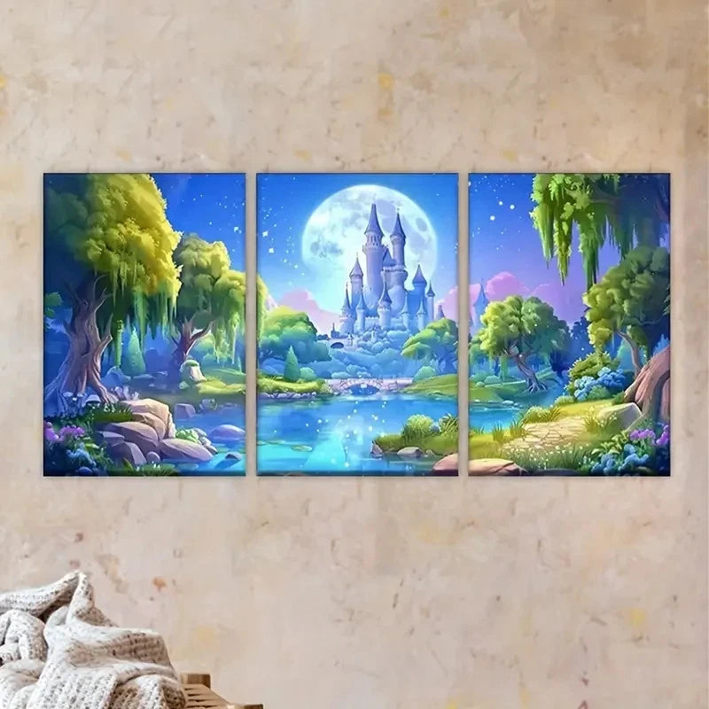 3pcs Forest Castle Scene with Moonlit Sky Wall Art Set Canvas Framed 50x70cm - High Quality Print 100% Australian Made Wall Canvas Ready to Hang - Bella Home Decor