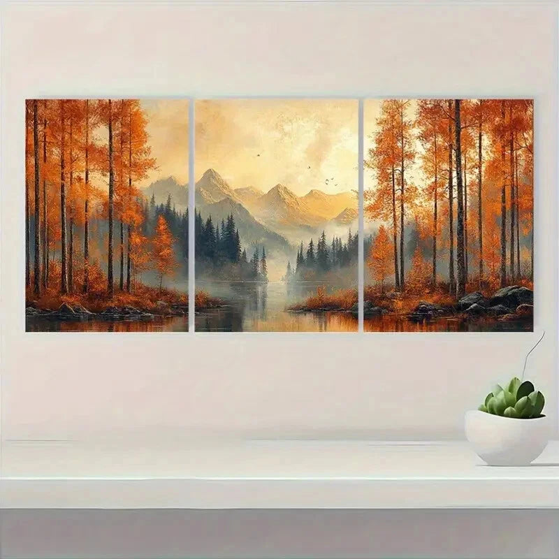 3pcs Vintage Autumn Mountain Landscape Scene Metal Print Ready to Hang Art - Bella Home Decor