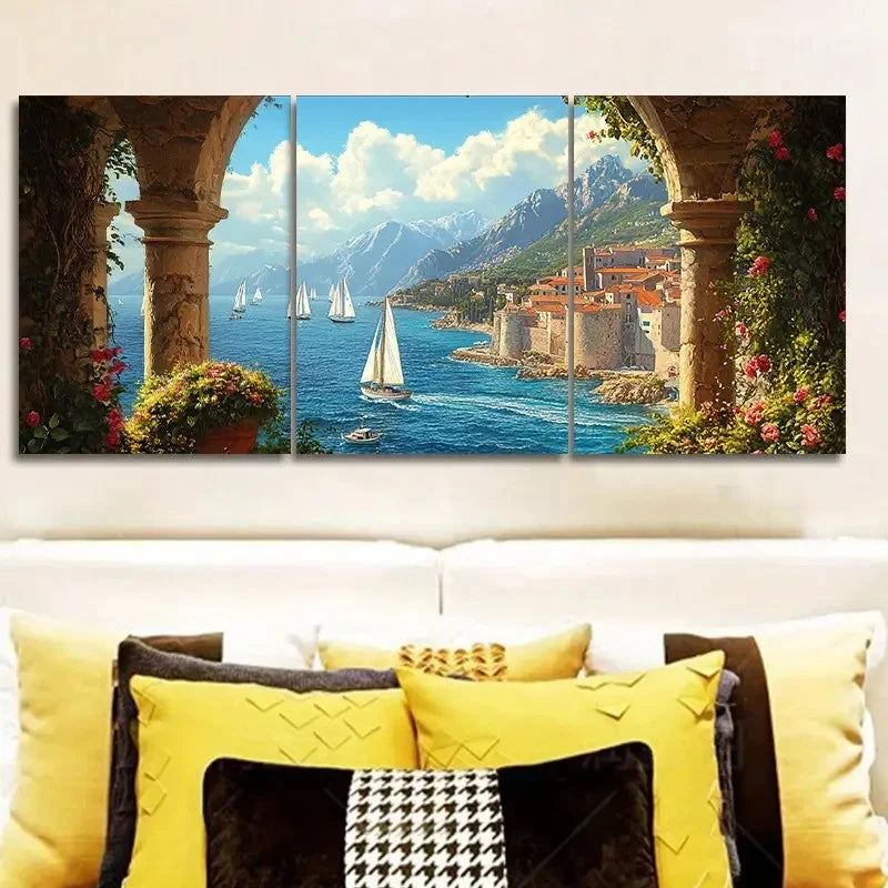 3pcs Mediterranean Coastal View From The Arches  Wall Art Set Canvas Framed 40x60cm - High Quality Print 100% Australian Made Wall Canvas Ready to Hang