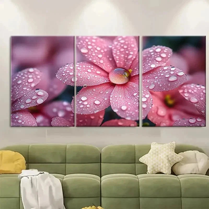 3pcs Morning Dew Droplets on Pink Flower ET  Wall Art Set Canvas Framed 50x70cm - High Quality Print 100% Australian Made Wall Canvas Ready to Hang - Bella Home Decor