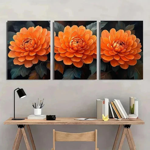 3pcs Orange Chrysanthemum Flower White Wall Art Canvas Unframed - High Quality Print 100% Australian Made Wall Canvas