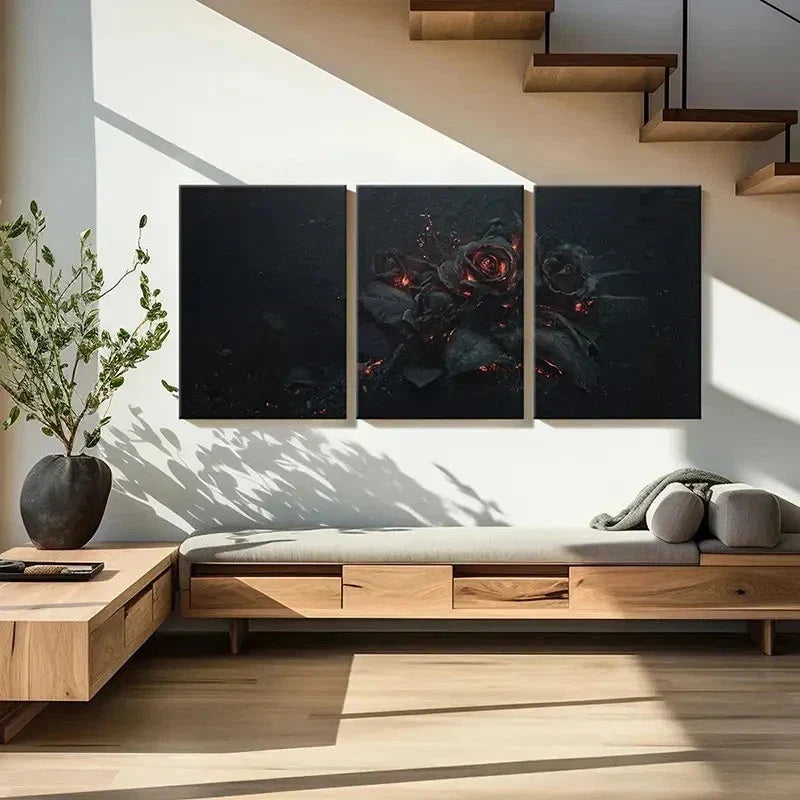 3pcs Burnt Red Rose Ashes Decoration Wall Art Canvas Unframed - High Quality Print 100% Australian Made Wall Canvas - Bella Home Decor