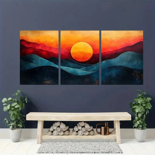 3pcs Modern Abstract Sunset Geometric  Wall Art Set Canvas Unframed - High Quality Print 100% Australian Made Wall Canvas