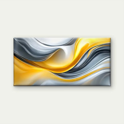 Yellow And Grey Waves Abstract Wall Art Canvas Office Home Room Framed 120x60cm