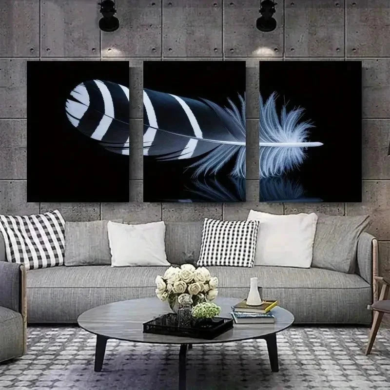 3pcs Black & White Feather Design   Wall Art Set Canvas Framed 50x70cm - High Quality Print 100% Australian Made Wall Canvas Ready to Hang - Bella Home Decor