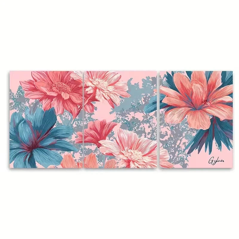 3pcs Floral Retro Preppy Wall Art Set Canvas Framed 50x70cm - High Quality Print 100% Australian Made Wall Canvas Ready to Hang